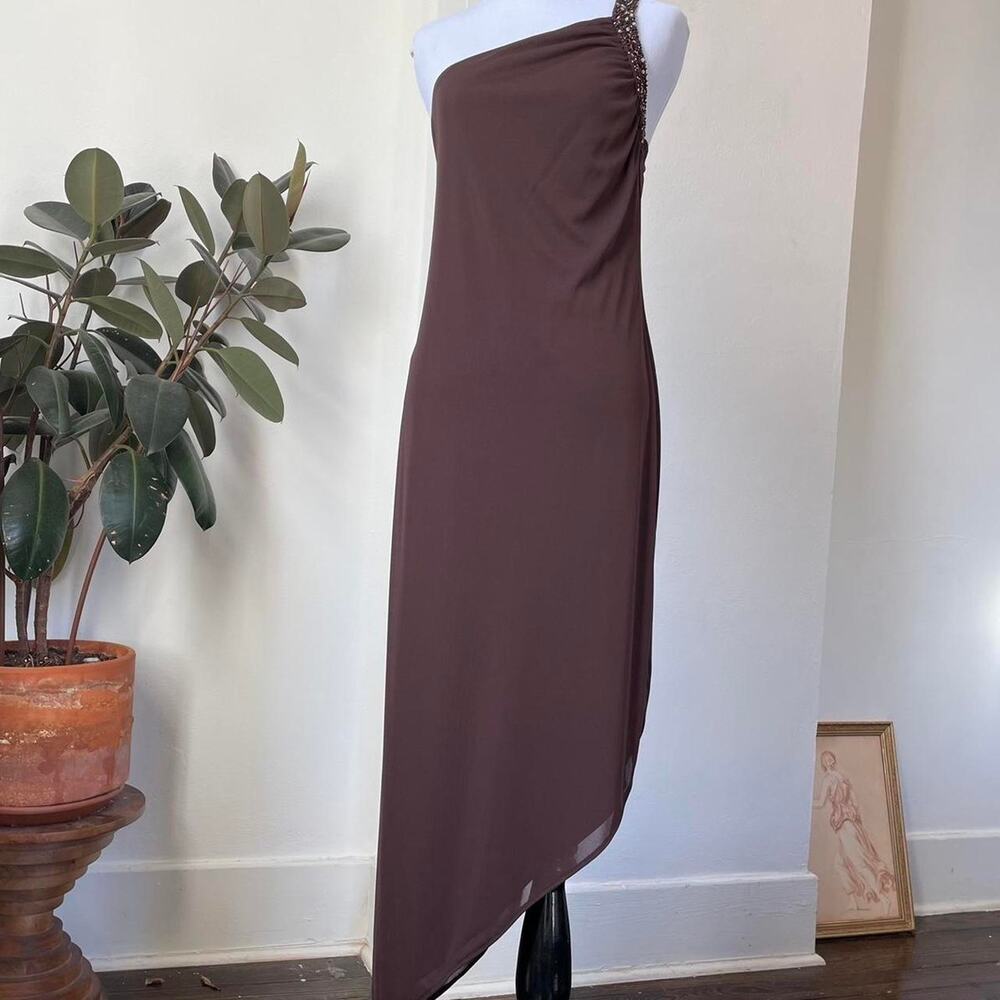 Vintage Cache Chocolate Beaded One Shoulder Asymmetric Hem Dress